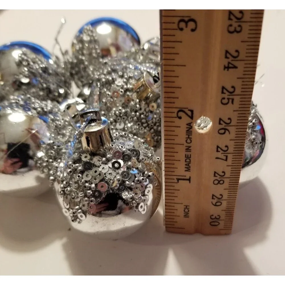 Beautiful Holiday Ornaments Silver Sequin & Bead Design Plastic Set of 9 Hanging